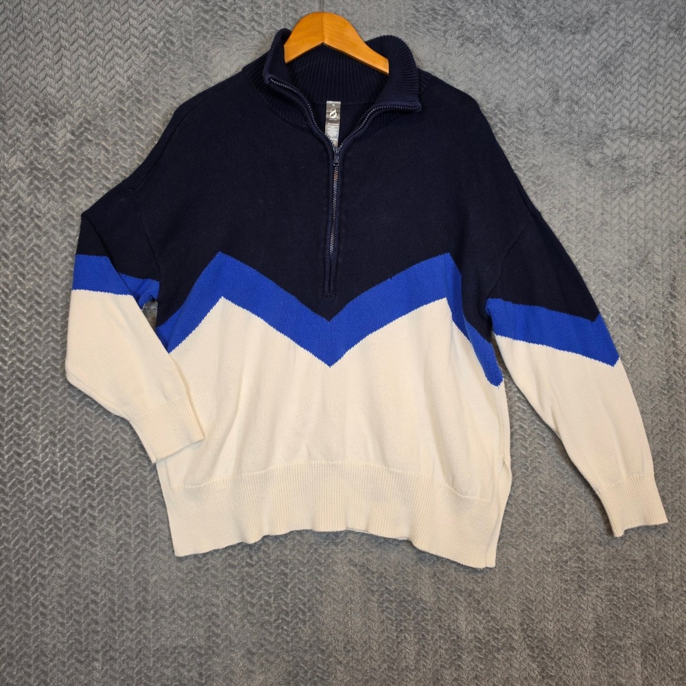 Lou & Grey Mens XL Quarter Zip Cotton Chevron Colorblock Sweater Navy Blue Cream